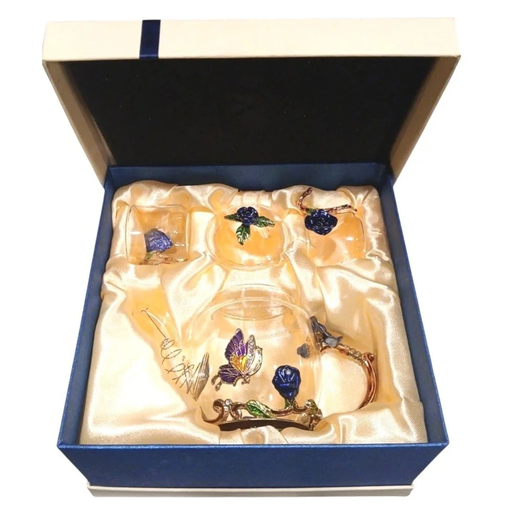 Tea Set Brew To A Tea Blue‎ Rose Butterfly Enamel Glass 3pc Set